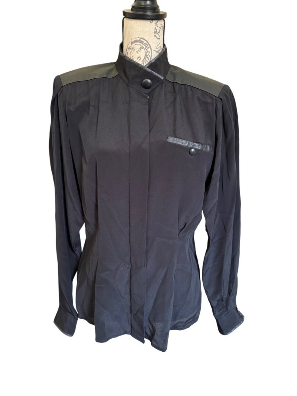 Vintage Erena By Irene Koenig Black Blouse Leather Trim Peplum Size 6